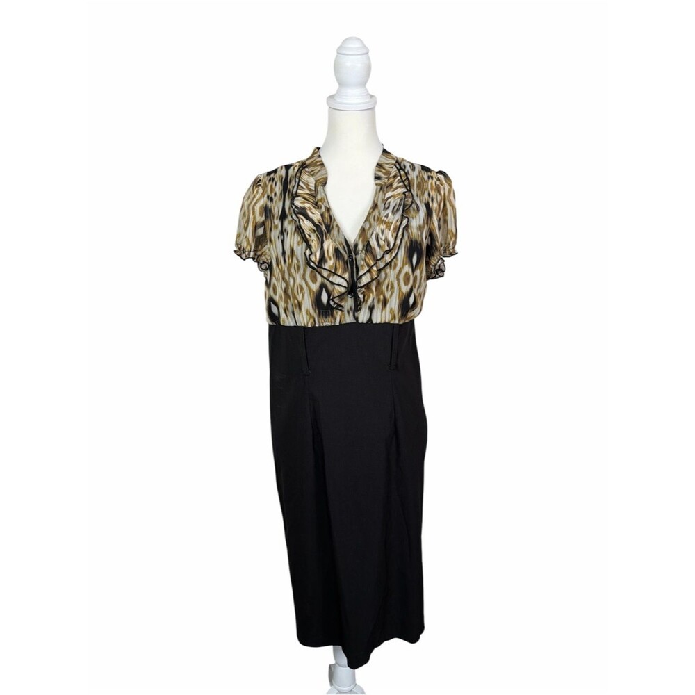 Dressbarn Animal Print Faux Wrap Midi Dress Size 16 Brown Black Ruffle Career